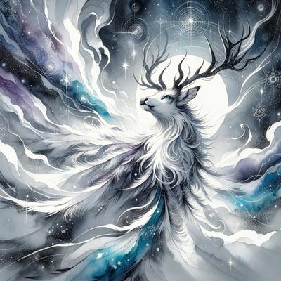 The primary subject of the image is a white deer with antlers, standing in a dark, starry night setting. The deer appears to be looking up at the sky, possibly at the moon. The visual style of the image is a digital art or illustration, with a focus on the deer's features and the night sky. The colors in the image are predominantly dark, with the white deer standing out against the night sky, creating a sense of mystery and wonder.